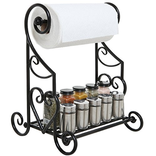 Black Metal Paper Towel Holder with Heart Scroll Shelf Rack (Black)