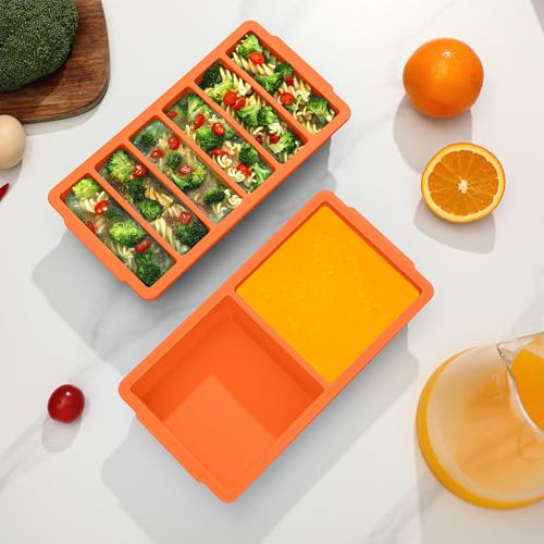 2 Pack Silicone Freezer Trays with Lid (Orange（6+2）)
