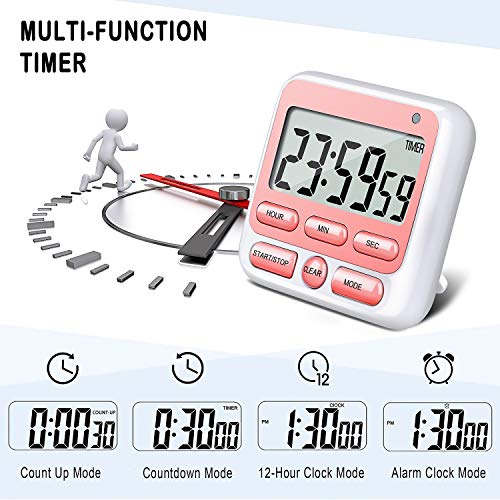 4-in-1 Digital Timer with Count Up/Down, Clock & Alarm, Ring & Silent Modes (Pink)