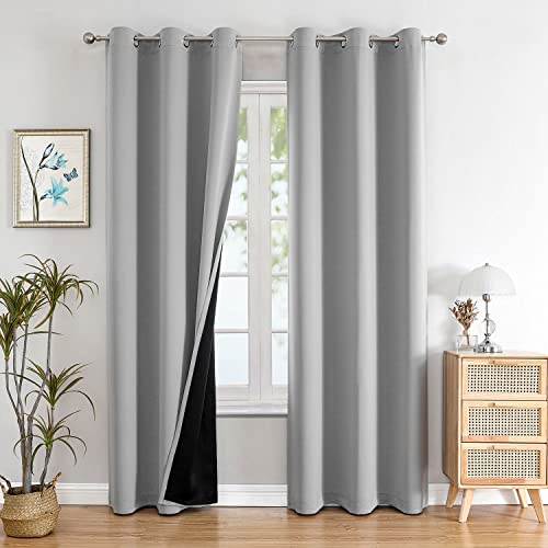100% Blackout Curtains for Bedroom 84 Inch Long with Black Liner (38"W x 84"L (Pack of 2) / Light Grey)