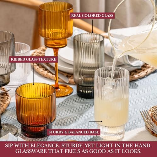 Qualia Carousel Highball Glasses Set of 4 Ribbed Glass Cups 18 oz Fluted Cocktail Glasses Lead (Clear)