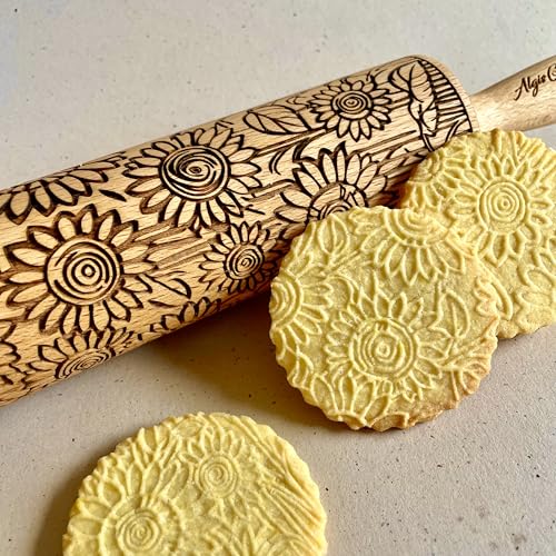 SUNFLOWER FIELD Embossed Rolling Pin for Ceramic. Clay Roller and Ceramic Stamp for Embossing Pottery. Baking Gifts for Women by Algis Crafts for Embossed Cookies