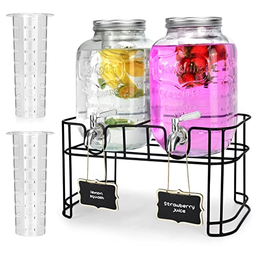 1 Gallon Glass Drink Dispensers For Parties 2PACK.Beverage Dispenser (1 Gallon Double With Stand)
