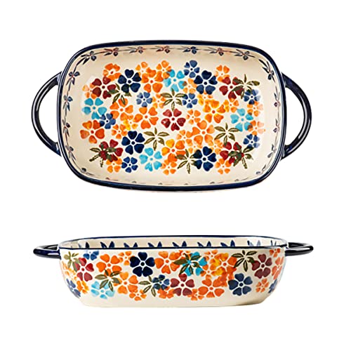 Colorful Cherry Blossom Flowers Vintage Style Ceramic Bakeware Dish Casserole Dish Baking Pan Lasagna Pans with Handles for Oven (Colorful Flowers / 22 OZ)