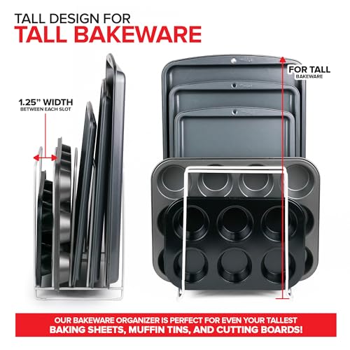 White (2 Pack) Extra Tall Steel Baking Pan Organizer Rack for Cabinet Storage or Kitchen Counter, Cookie Baking Sheet Organizer with Dividers, Muffin Tin and Cutting Board Holder (White)