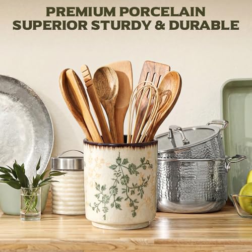 Rustic Ceramic Utensil Holder Brown Green Floral 5.5" (Brown Green Floral / 5.5" / Rustic)