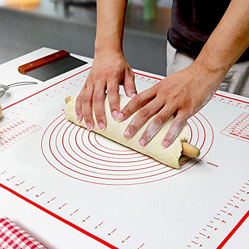 Silicone Pastry Baking Mat with Measurements Extra a Brush and a Dough Scraper (27.5"(L) x 20"(W) / Red)