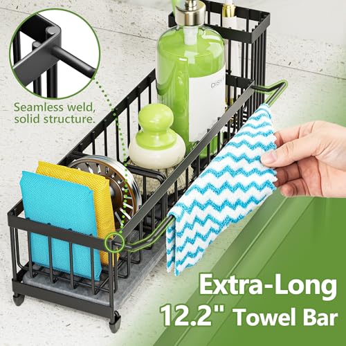 Large Sink Caddy Organizer with Towel Holder (Black with Towel Rack)
