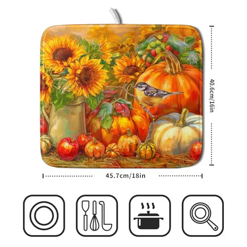 Vintage Fall Autumn Dish Drying Mat 16"x18" Small Rustic Pumpkin Sunflower Bird Dish Drainer Mats Thanksgiving Farmhouse Reversible Dish Drying Pad for Kitchen Countertop Dining Room (18" x 16")