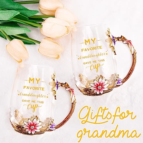 Grandma Gifts from Granddaughter Tea Cup Birthday Grandparent Gifts Mothers Day Enamel Flower Glass Mugs from Grandkids Grandchildren (Grandma)