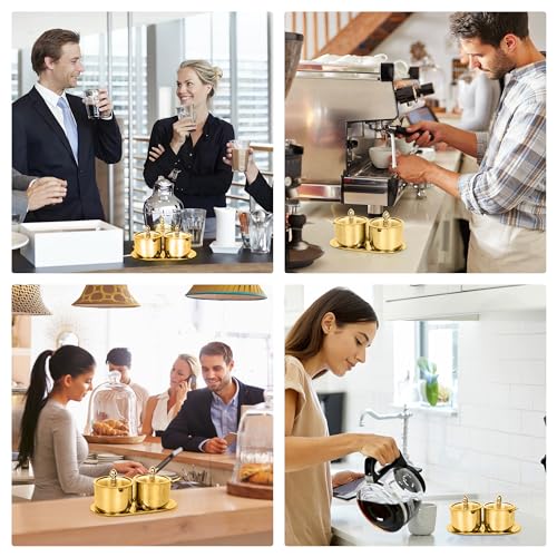 2 Pcs Coffee and Sugar Dispenser with Tray (Gold)