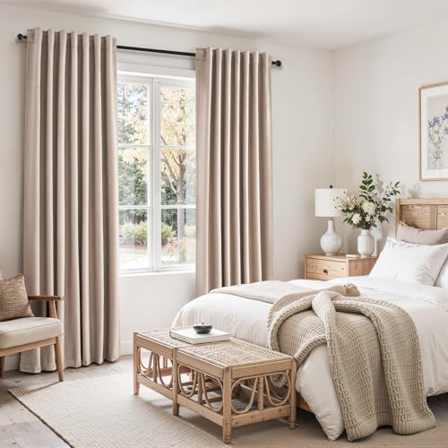 92 inch Long Blackout Curtains 2 Panels Set Neutral Beige Window Drapes 100% Blackout Linen Curtain with Back Tab Rod Pocket Sunlight Blocking Thermal Insulated Panel for Bedroom Living Room (Natural Beige / 52"W x 92"L (Pack of 2))
