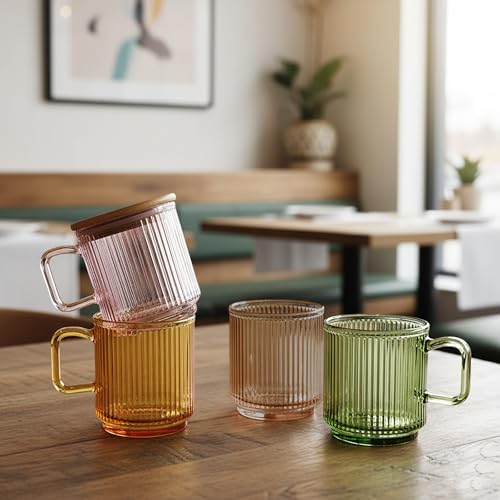 Ribbed Glass Coffee Mug with bamboo lids and handle (Colored)