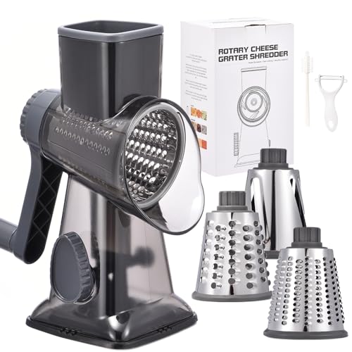 Rotary Cheese Grater with Handle Kitchen Shredder Slicer Grater Slicer Ice Shaver Cheese Vegetable Nuts Potato Zucchini Chocolate 3 Interchangeable Blades (9.06"L x 4.33"W x 9.07"H / Dark Grey TSP)