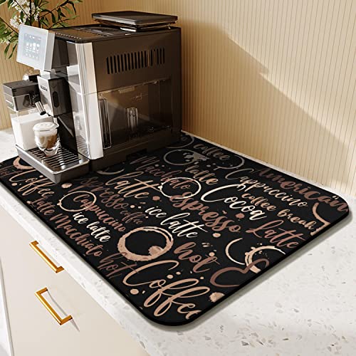 Coffee Bar Mat Accessories for Countertop Absorbent Hide Stain Rubber Backed Dish Drying Mats for Kitchen Counter Draining Pad Decor Gift (black-2 / 16" x 24")
