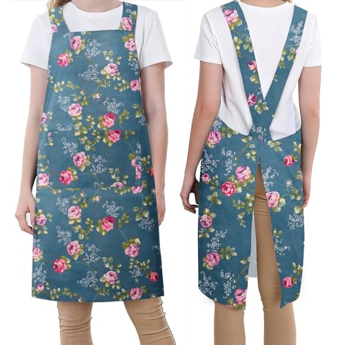 Japanese Style Apron with Pockets (00-floral Blue)