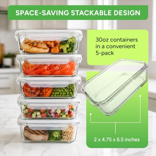 PrepNaturals 5 Pack 30oz Glass Meal Prep Containers (5 Pack - 30oz)