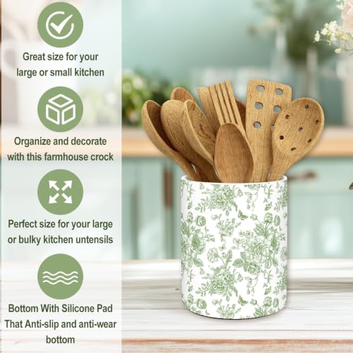Green Chinoiserie Floral Ceramic Utensil Holder Vintage Flower Butterfly Utensil Crock for Home Kitchen Countertop Storage Organizer Container (Green)