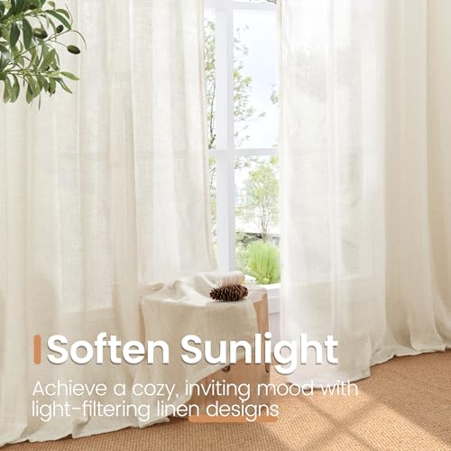 Beige Linen Semi Sheer Curtains 42X40 Inch Length 2 Panels (Light Beige / 42"W x 40"L (Pack of 2))