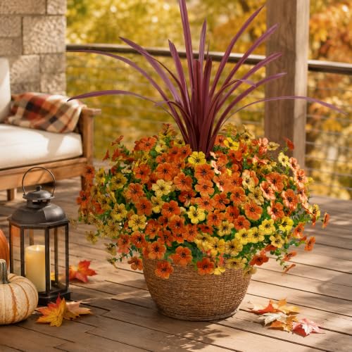 Artificial Fall Flowers Faux Mums for Outdoor Indoor Garden Home Decoration (Orangeyellow)
