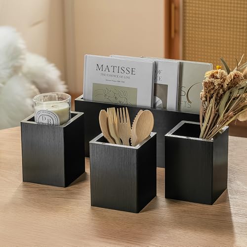 Silverware Caddy Black Wood Silverware Holder Paper Plate Dispenser (Black)