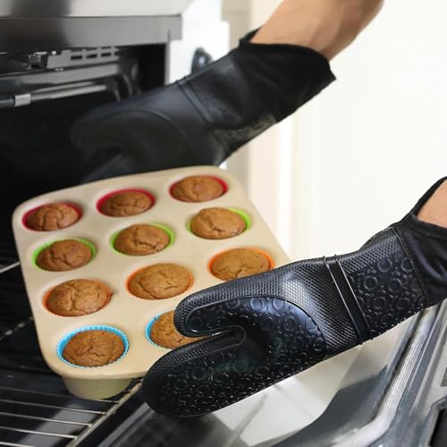 BPA Free Silicone Oven Mitts Ultra Heat Resistant up to 500°F (Black / 2-Piece 14.7" Oven Mitts)