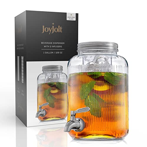 Fluted 1 Gallon Drink Dispenser. Glass Beverage Dispenser with Stainless steel Spigot plus Ice Cylinder and Fruit Infuser! Water Dispenser