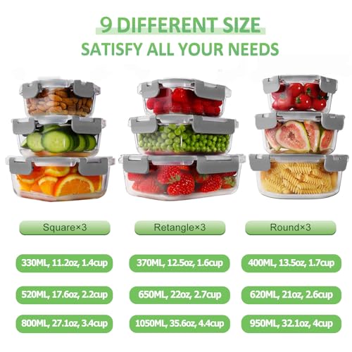 18 Piece Glass Food Storage Containers with Snap Locking Lids for Meal Prep (Grey / 9 Pack)