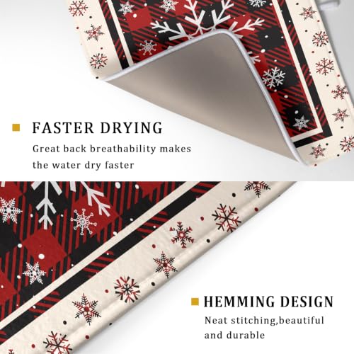 18"x24" Christmas Snowflakes Dish Drying Mat Xmas Red Black Buffalo Plaids Winter Snow Dish Drainer Mats Microfiber Reversible Dish Drying Rack Pad for Kitchen Countertop Tabletop Decor (24" x 18")