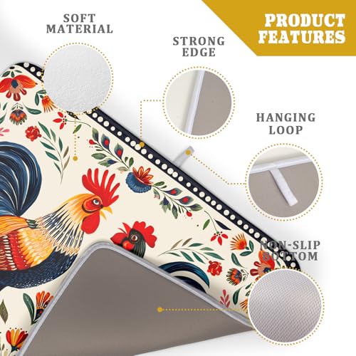 Rooster Poultry Dish Drying Mat for Kitchen Counter 18x24 Inch Microfiber Absorbent Colorful Printing Drying Pad (Chicken Art White / 24" x 18")