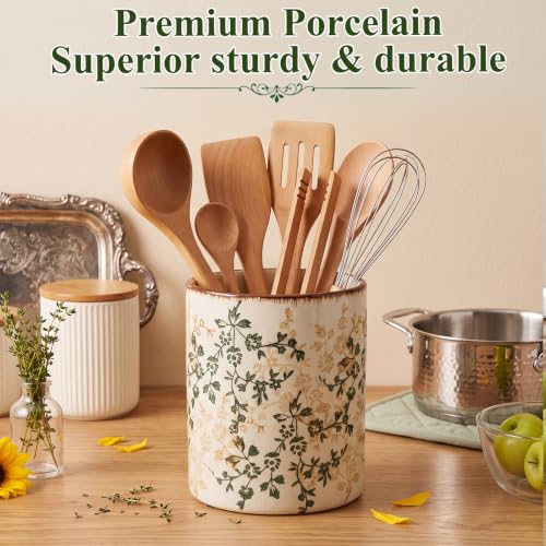 Rustic Ceramic Utensil Holder Brown Green Floral 6.9" (Brown Green Floral / 6.9" / Rustic)
