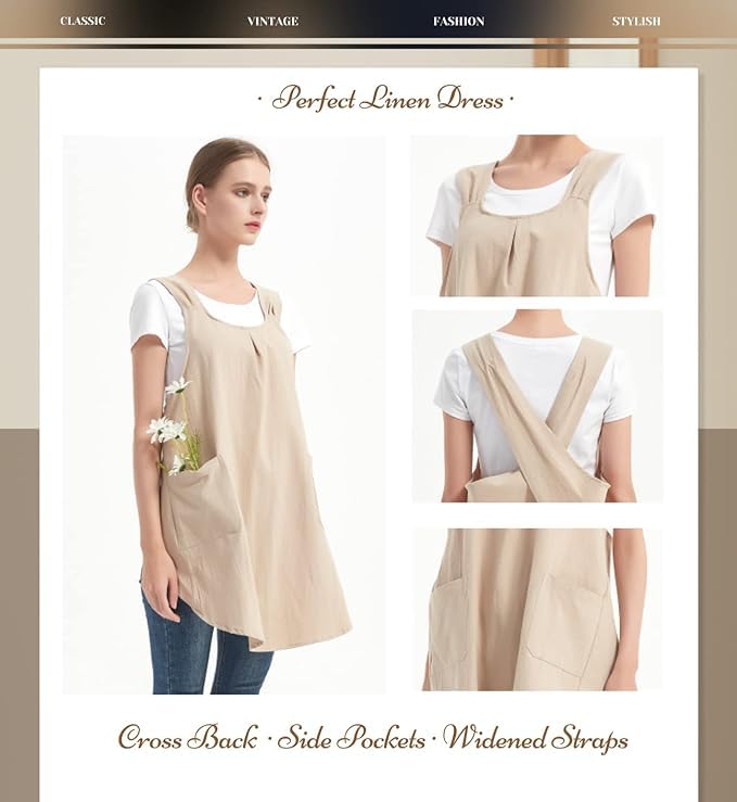 Japanese Apron for Women with 2 Roomy Pockets Linen Cross Back Aprons Cute Pinafore Dress For Kitchen Cooking Baking Work Gardening Painting Crafting (Beige)