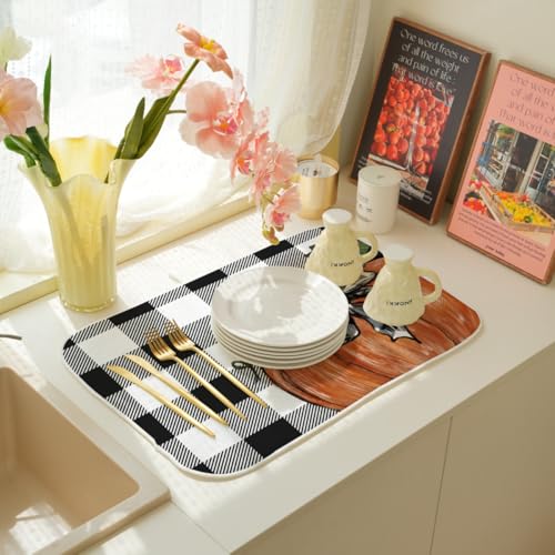 Fall Dish Drying Mat 18 x 24 Inch Thanksgiving Buffalo Plaid Pumpkin Drying Mat for Kitchen Counter Absorbent Farmhouse Autumn Orange Pumpkin Dishes Dry Pad for Drainer Rack Kitchen Fast Dry (Buffalo Plaid Pumpkin / 18" x 18")