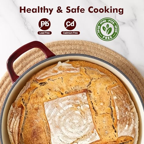 6.5QT Enameled Cast Iron Dutch Oven Pot with Lid&Cotton Potholders (Burgundy Red / 6.5 Quarts)