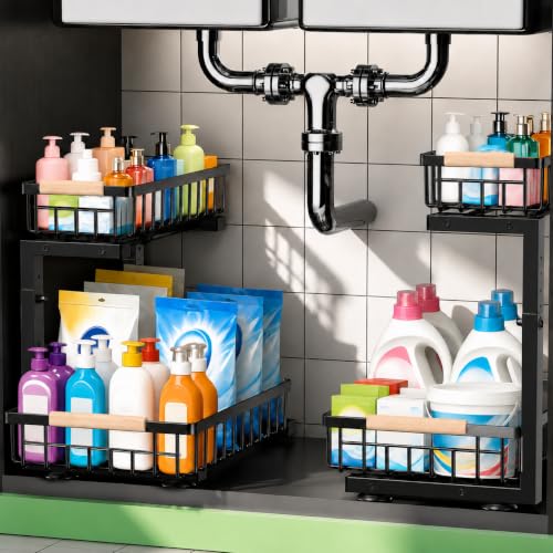 Under Sink Organizer 2 Pack (Black / 11.8"W x 15.9"D x 13.8-16.9"H)