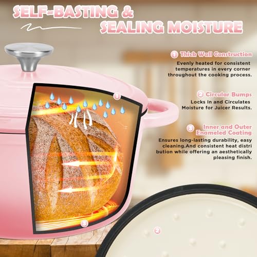 Enameled Cast Iron Dutch Oven Pot with Lid (Pink)