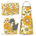 Retro 70s Style Flower Oven Mitts Pot Holders Cooking Apron Set of 5 Silicone Kitchen Glove Apron Non (Yellow)
