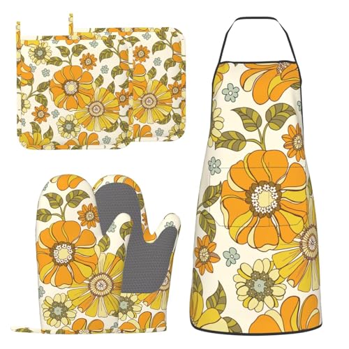 Retro 70s Style Flower Oven Mitts Pot Holders Cooking Apron Set of 5 Silicone Kitchen Glove Apron Non (Yellow)