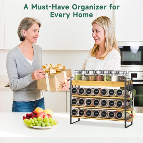 Spice Seasoning Rack Organizer Kitchen Countertop (Bamboo+Black)