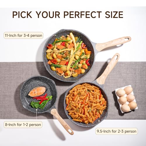 8 & 9.5 & 10 Inch Nonstick Frying Pan Sets for Cooking (Gray / 8"+9.5"+11"/3 pcs)