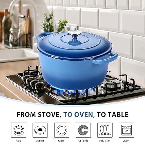 6 Quart Enameled Cast Iron Dutch Oven with Lid (6 QT-Round / Blue)