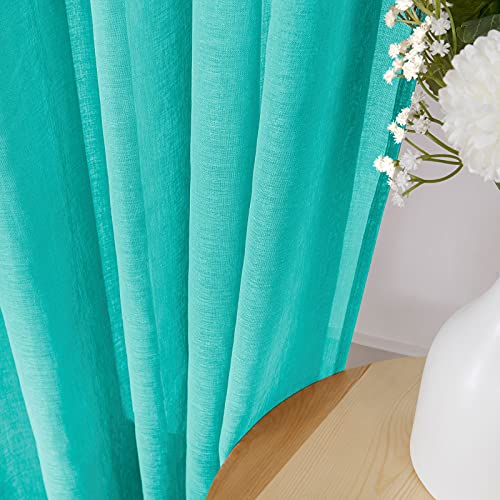 Short Sheer Tier Curtains Linen Textured Half Kitchen Curtain Sheers Light Filtering Rod Pocket Voile Small Curtain for Bathroom (25"W x 24"L (Pack of 2) / Aqua Blue)