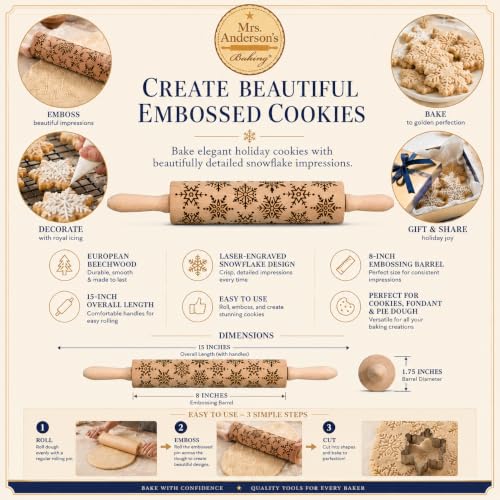 Mrs. Anderson’s Baking Embossing Rolling Pin (Snowflake, 8-Inch)