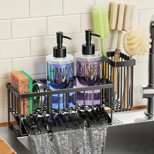Kitchen Sink Caddy with Dish Soap Dispenser Set (Black+clear)