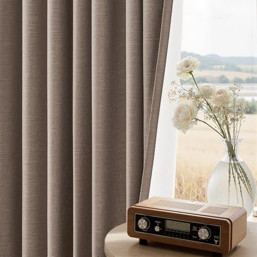 102 inch long blackout curtains 2 Panels 100% Black out Linen texture Curtain elegant Taupe Farmhouse Drapes with Back Tab Rod Pocket Light Blocking Thermal Insulated Panel for Bedroom Living Room (Faux Linen / 52"W x 102"L (Pack of 2))