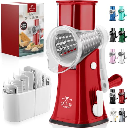 Rotary Cheese Grater Manual Hand Crank 5 Blade Shredder (5 Blades / White and Red)