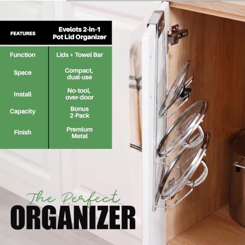 2-in-1 Pot Lid Organizer with Towel Holder - 2 Pack, 3-Tier Cabinet Door Rack - Space-Saving Kitchen Organizer for Glass or Metal Pan Lids & Towels - Over the Door Design - Chrome (Set of 2 / Chrome - Over the Door Design)