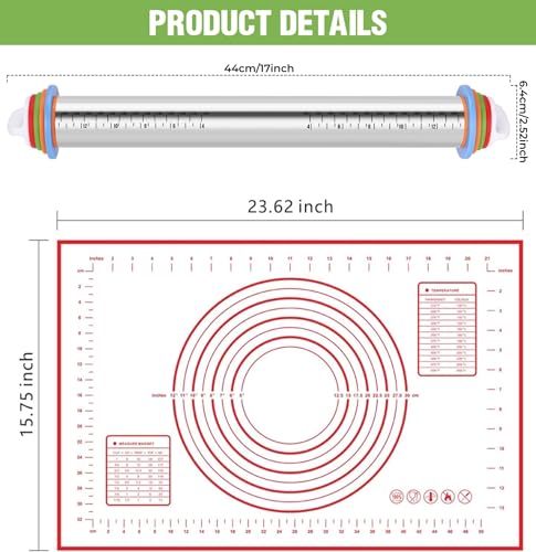 Adjustable Rolling Pin With Thickness Rings&Silicone Baking Pastry Mat Set (A-Red)