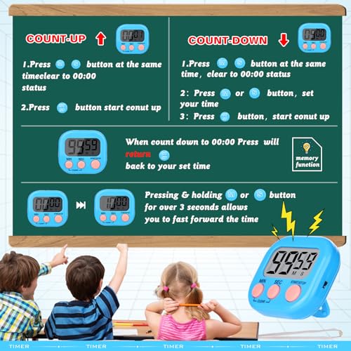 Digital Timers for Classroom Kids Kitchen Timers for Cooking 12 Pc (Pink, Blue, Green, Orange / 12Pcs)