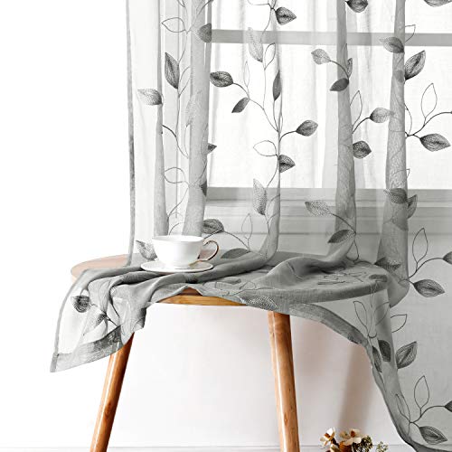 Light Grey Sheer Curtains Leaf Embroidered (52"W x 84"L (Pack of 2) / 3-grey)